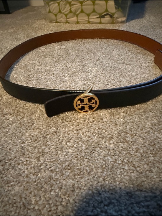 Tory Burch Reversible Logo Belt – Black/Tan – Gold Buckle – Size XL – Never Worn